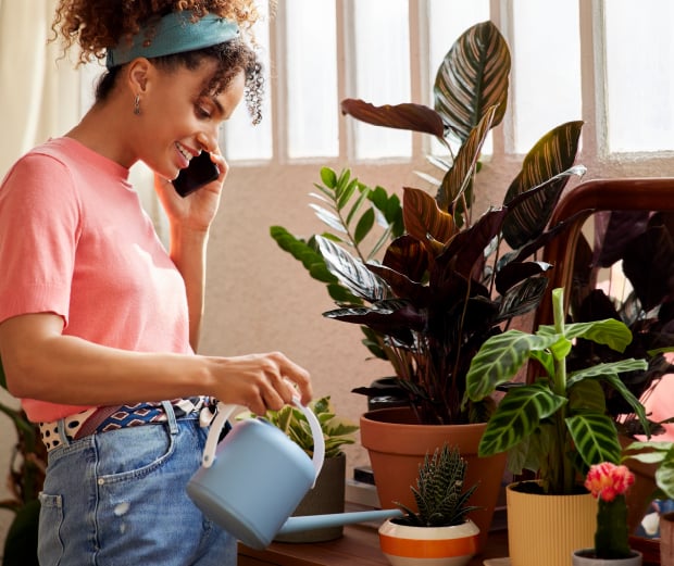 Women multitasking on phone while watering indoor plants